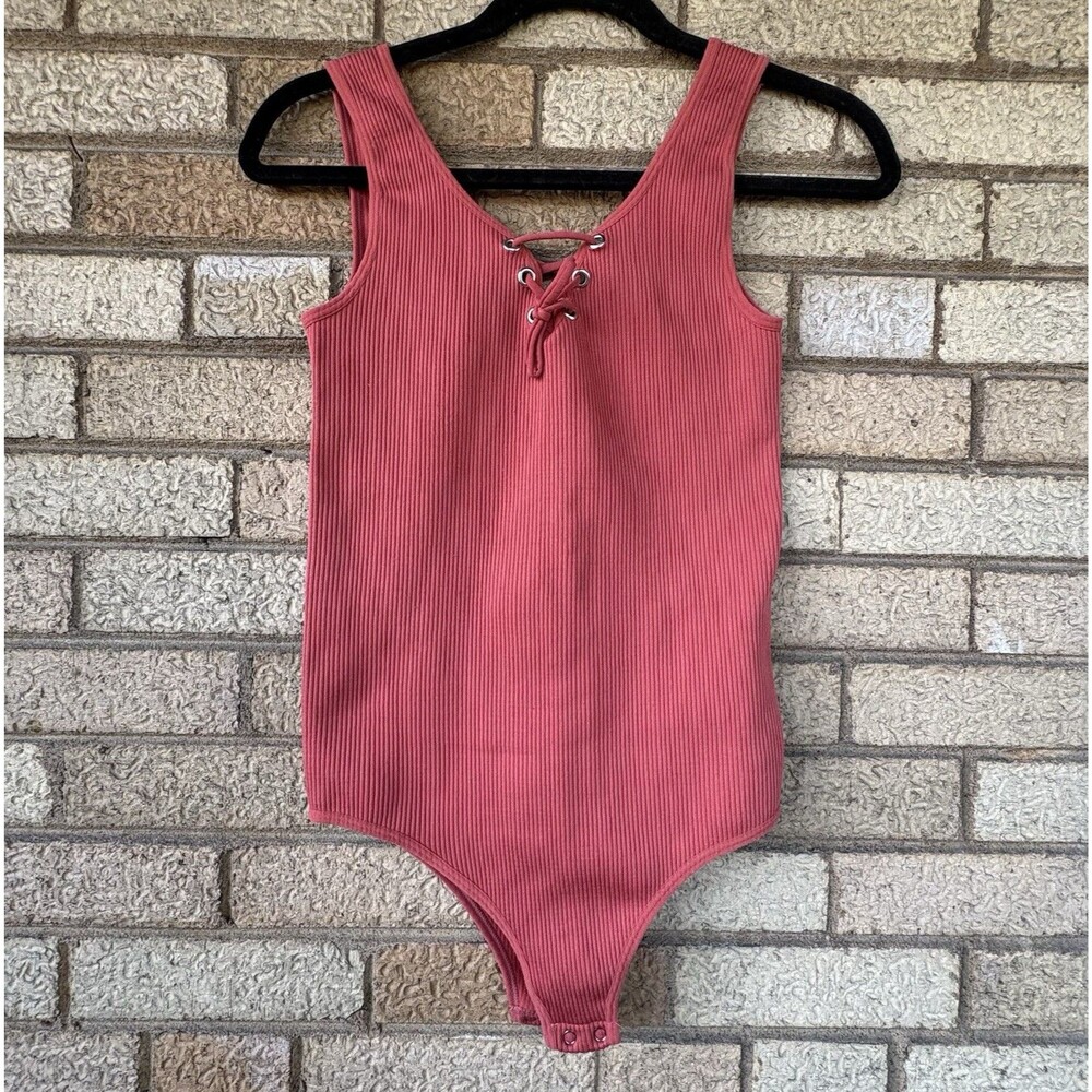 Love University Coral Ribbed Lace Up Bodysuit Women's Size S/M